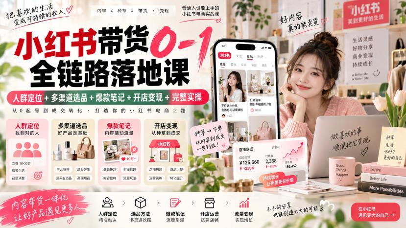 小红书带货0-1全链路落地课|人群定位+多渠道选品+爆款笔记+开店变现完整实操