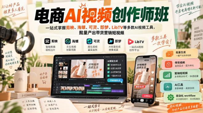 电商AI视频创作师班,一站式掌握剪映、海螺、可灵、即梦、LibTV等多款AI视频工具,批量产出带货营销短视频-三零资源