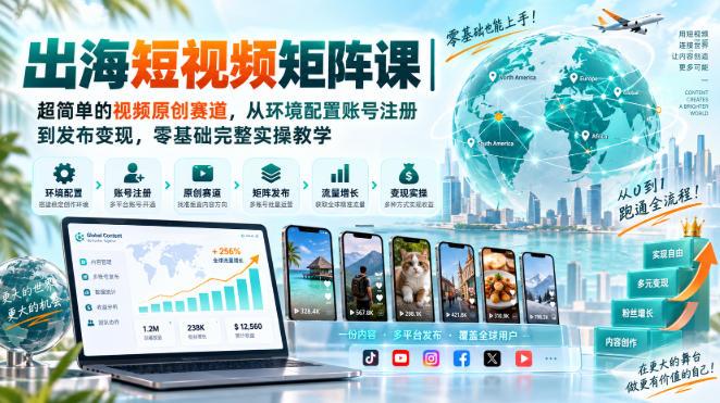 出海短视频矩阵课|超简单的视频原创赛道,从环境配置账号注册到发布变现,零基础完整实操教学