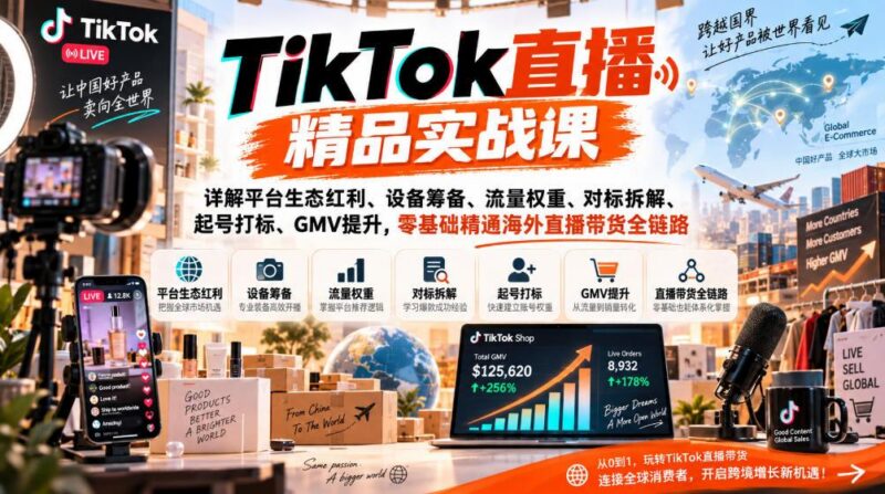 TikTok直播精品实战课,详解平台生态红利、设备筹备、流量权重、对标拆解、起号打标、GMV提升,零基础精通海外直播带货全链路 三零资源-三零资源
