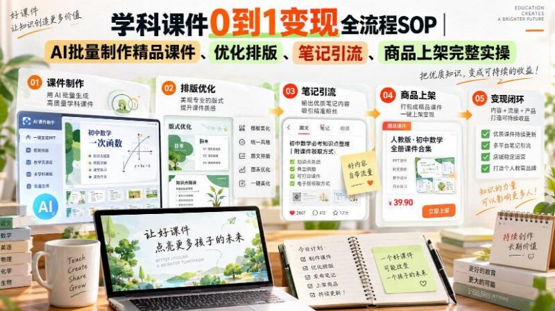 学科课件0到1变现全流程SOP|AI批量制作精品课件、优化排版、笔记引流、商品上架完整实操 三零资源-三零资源