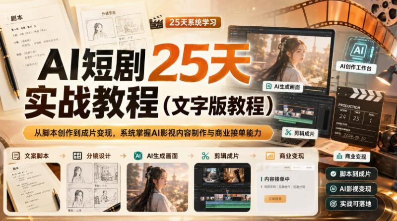 AI短剧25天实战教程(文字版教程),从脚本创作到成片变现,系统掌握AI影视内容制作与商业接单能力-三零资源