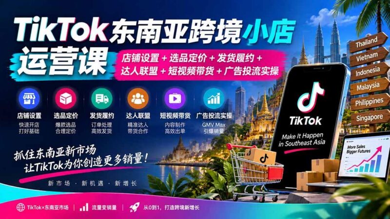 TikTok东南亚跨境小店运营课:店铺设置+选品定价+发货履约+达人联盟+短视频带货+广告投流实操 三零资源-三零资源