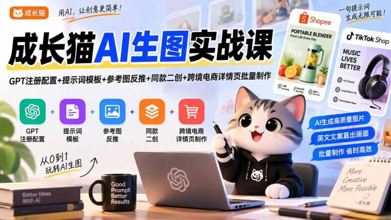 成长猫AI生图实战课|GPT注册配置+提示词模板+参考图反推+同款二创+跨境电商详情页批量制作 三零资源-三零资源