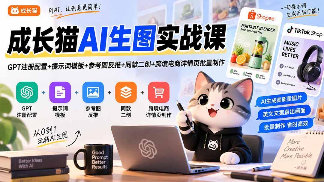 成长猫AI生图实战课|GPT注册配置+提示词模板+参考图反推+同款二创+跨境电商详情页批量制作