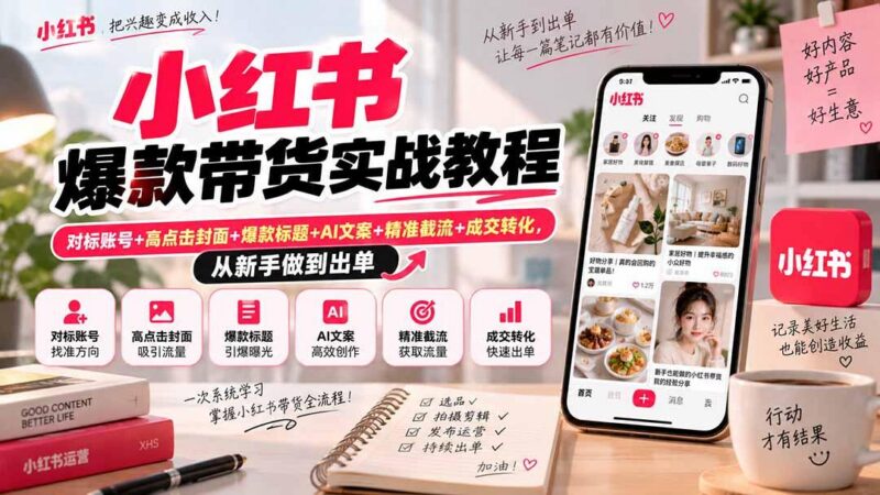 小红书爆款带货实战教程|对标账号+高点击封面+爆款标题+AI文案+精准截流+成交转化,从新手做到出单 三零资源-三零资源
