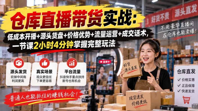 仓库直播带货实战：低成本开播+源头货盘+价格优势+流量运营+成交话术，一节课2小时4分钟掌握完整玩法-三零资源