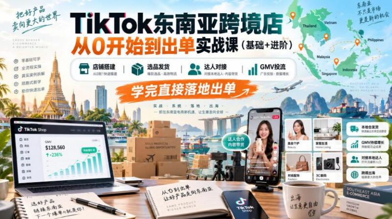 TikTok东南亚跨境店从0开始到出单实战课(基础+进阶)，店铺搭建、选品发货、达人对接、GMV投流，学完直接落地出单-三零资源