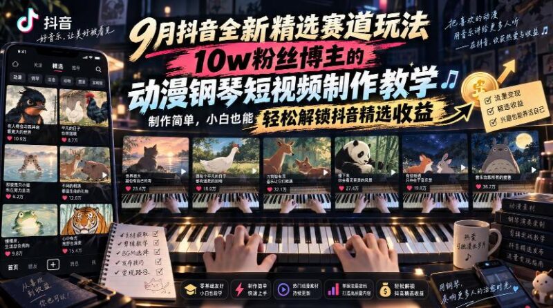 9月抖音全新精选赛道玩法，10w粉丝博主的动漫钢琴短视频制作教学，制作简单，小白也能轻松解锁抖音精选收益 三零资源-三零资源