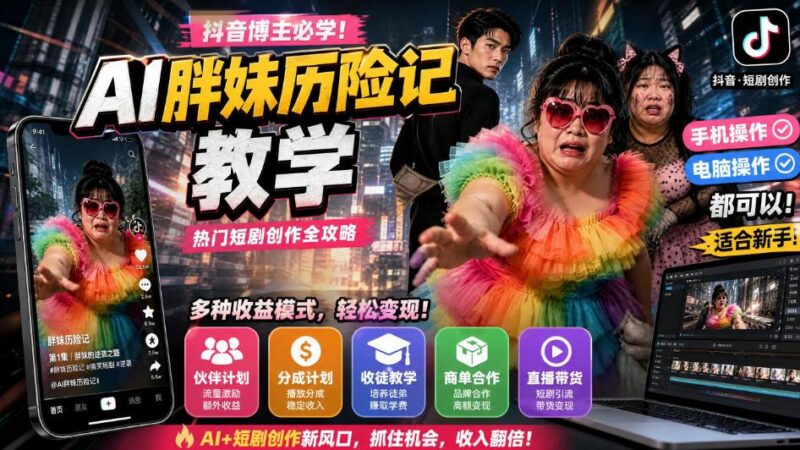 抖音博主的AI胖妹历险记教学,伙伴计划+分成计划+收徒+商单等多种收益,适合新手,手机电脑都可以操作 三零资源-三零资源