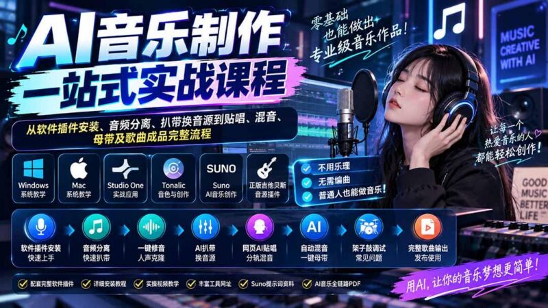 AI音乐制作一站式实战课程:从软件插件安装、音频分离、扒带换音源到贴唱、混音、母带及歌曲成品完整流程 三零资源-三零资源