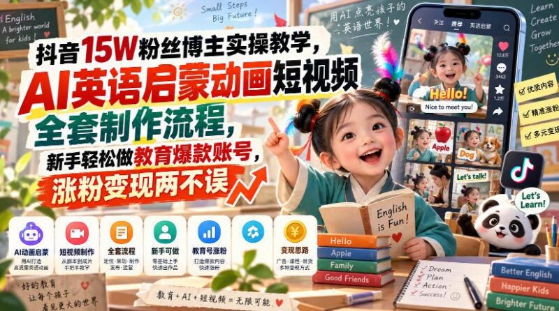 抖音15W粉丝博主实操教学,AI英语启蒙动画短视频全套制作流程,新手轻松做教育爆款账号,涨粉变现两不误 三零资源-三零资源