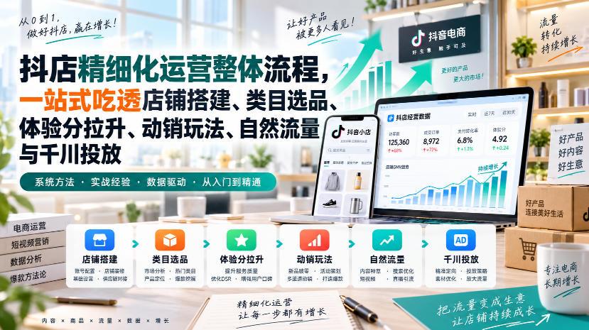 李哥电商-抖店精细化运营整体流程,一站式吃透店铺搭建、类目选品、体验分拉升、动销玩法、自然流量与千川投放