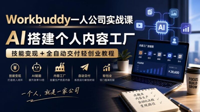 Workbuddy一人公司实战课,AI搭建个人内容工厂,技能变现+全自动交付轻创业教程 三零资源-三零资源