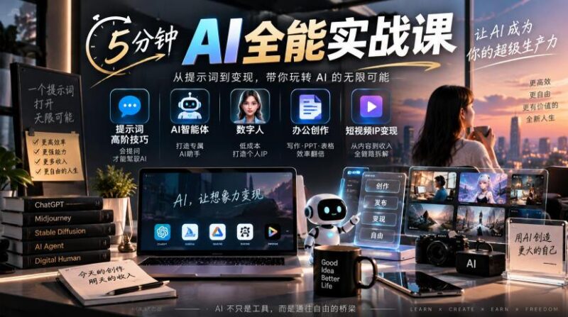 5分钟AI全能实战课|提示词高阶技巧+AI智能体+数字人+办公创作+短视频IP变现全教程-三零资源