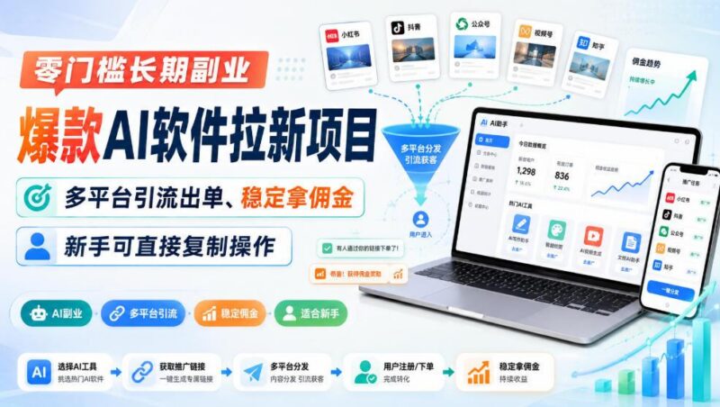 零门槛长期副业,爆款AI软件拉新项目,多平台引流出单、稳定拿佣金,新手可直接复制操作 三零资源-三零资源