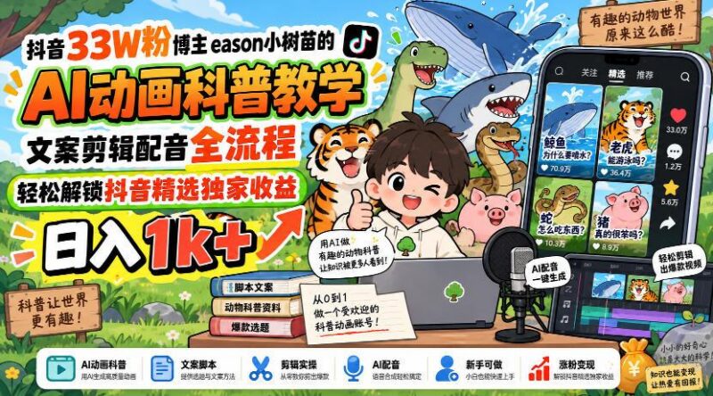 抖音33W粉博主eason小树苗的AI动画科普教学,文案剪辑配音全流程,轻松解锁抖音精选独家收益,日入1k+ 三零资源-三零资源