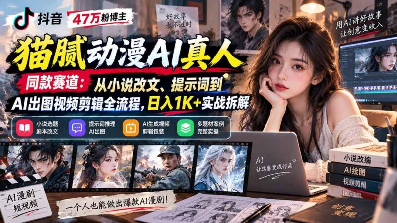 抖音47万粉博主猫腻动漫AI真人同款赛道：从小说改文、提示词到AI出图视频剪辑全流程，日入1K+实战拆解-三零资源