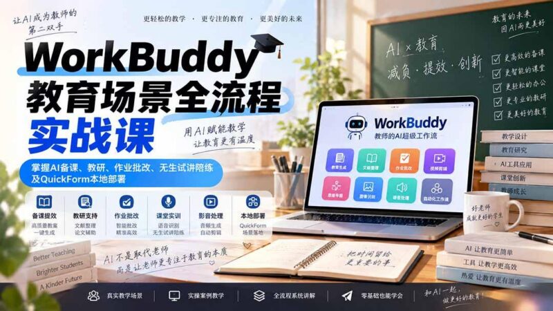 WorkBuddy教育场景全流程实战课：掌握AI备课、教研、作业批改、无生试讲陪练及QuickForm本地部署-三零资源