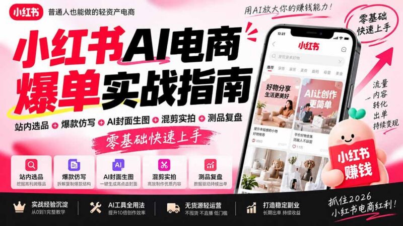 2026小红书AI电商爆单实战指南：站内选品+爆款仿写+AI封面生图+混剪实拍+测品复盘，零基础快速上手-三零资源