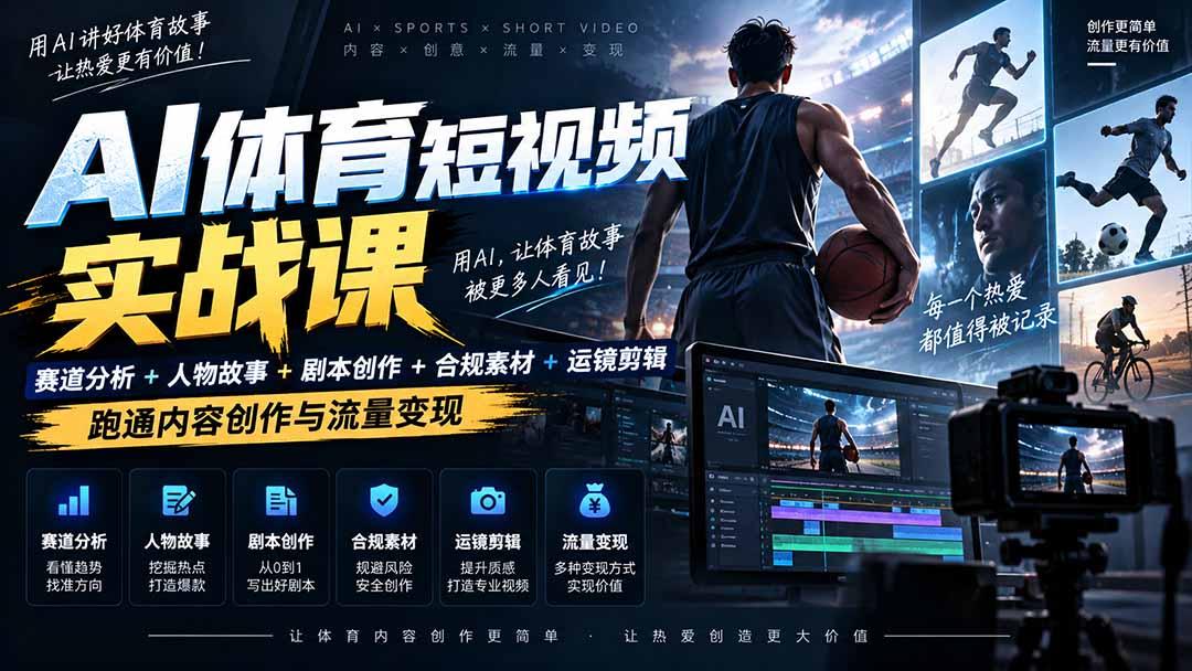 AI体育短视频赛道顶级玩法|赛道分析+人物故事+剧本创作+版权处理+运镜剪辑,跑通流量变现-日赚1K+