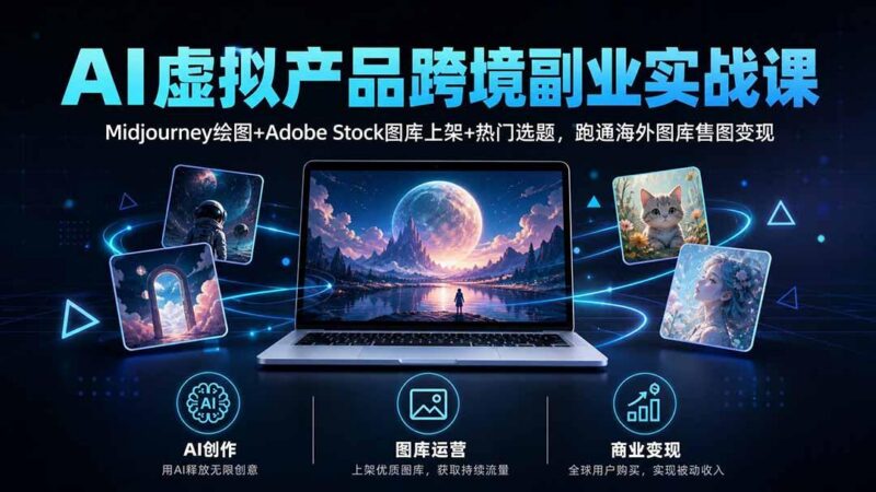 AI虚拟产品跨境副业实战课｜Midjourney绘图+Adobe Stock图库上架+热门选题，跑通海外图库售图变现-三零资源