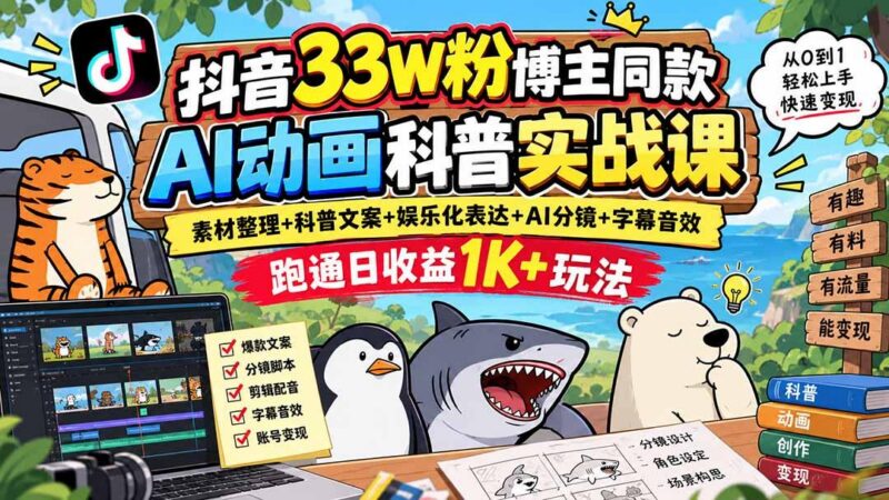 抖音33W粉博主同款AI动画科普实战课｜素材整理+科普文案+娱乐化表达+AI分镜+字幕音效，跑通日收益1K+玩法-三零资源
