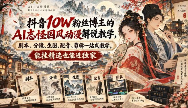 抖音10W粉丝博主满堂诡事的AI志怪国风动漫解说教学,剧本、分镜、生图、配音、剪辑一站式教学,能挂精选也能进独家