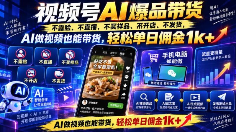 视频号Ai爆品带货,不露脸、不直播、不买样品、不开店、不发货,AI做视频也能带货,轻松单日佣金1k+-三零资源