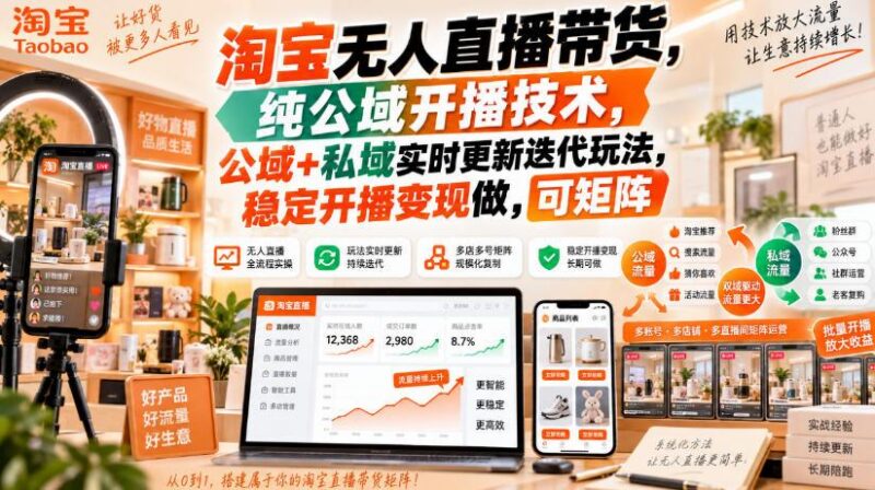 淘宝无人直播带货,纯公域开播技术,公域+私域实时更新迭代玩法,稳定开播变现做,可矩阵【揭秘】 三零资源-三零资源