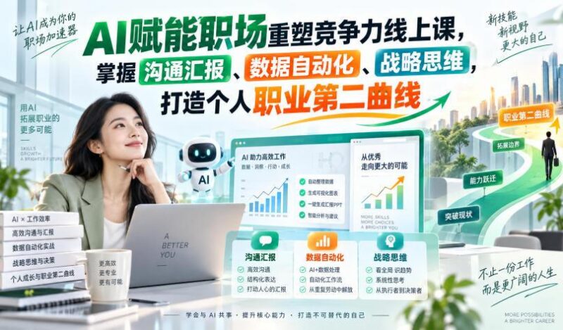 AI赋能职场重塑竞争力线上课，掌握沟通汇报、数据自动化、战略思维，打造个人职业第二曲线-三零资源