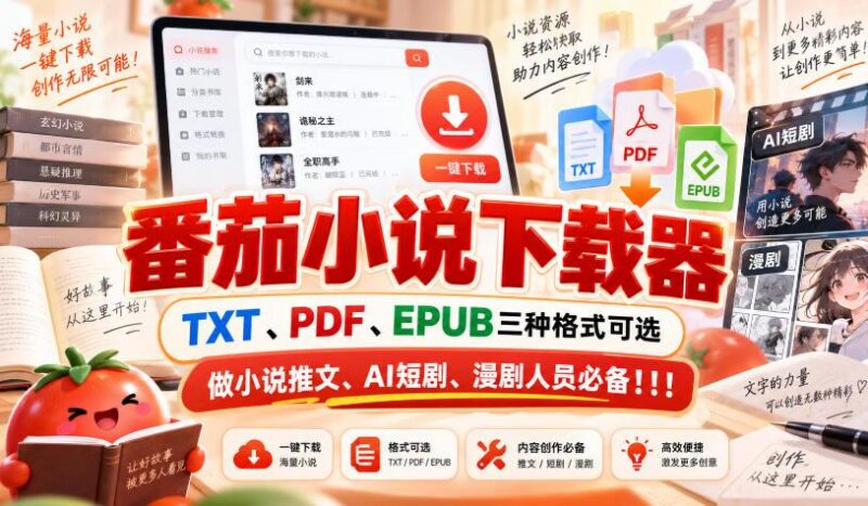 番茄小说下载器，TXT、PDF、EPUB三种格式可选，做小说推文、AI短剧、漫剧人员必备！！！-三零资源