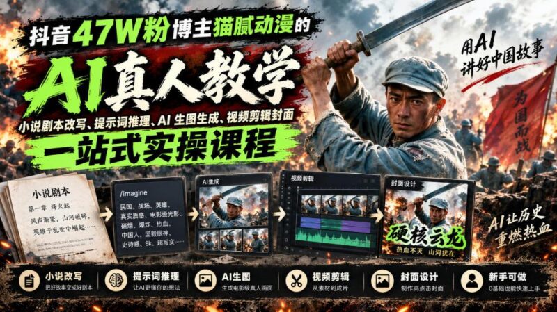 抖音47W粉博主猫腻动漫的AI真人漫剧教学，小说剧本改写、提示词推理、AI生图生成、视频剪辑封面一站式实操课程-三零资源