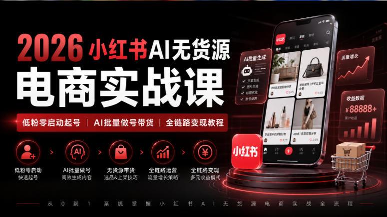 2026小红书AI无货源电商实战课｜低粉零启动起号｜AI批量做号带货全链路变现教程-三零资源