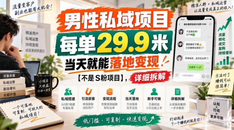 男性私域项目，每单29.9米，当天就能落地变现【不是S粉项目】，详细拆解-三零资源