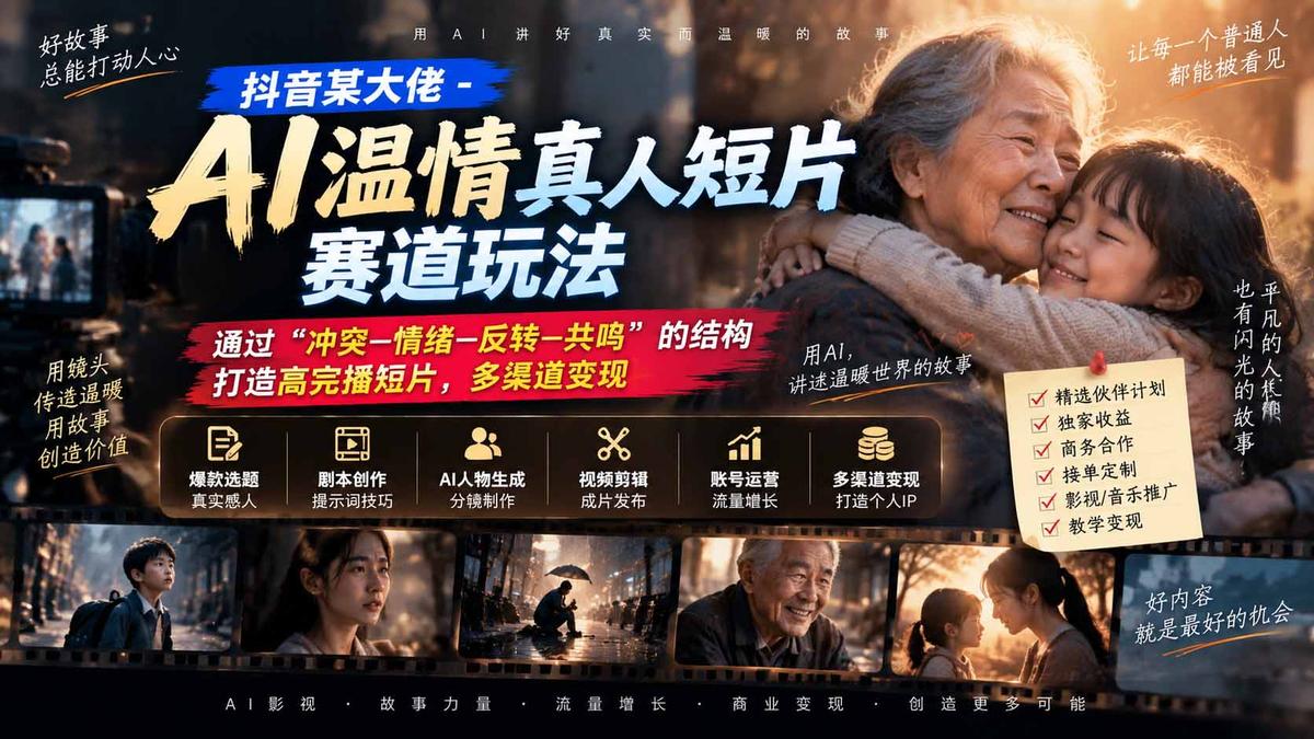 抖音某大佬-AI温情真人短片赛道玩法：通过“冲突—情绪—反转—共鸣”的结构打造高完播短片，多渠道变现