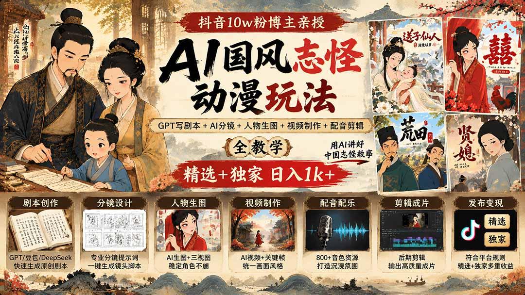 抖音10w粉博主亲授AI国风志怪动漫玩法|GPT写剧本+AI分镜+人物生图+视频制作+配音剪辑全教学|精选+独家日入1k+