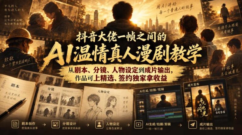 抖音大佬一帧之间的AI温情真人漫剧教学,从剧本、分镜、人物设定到成片输出,作品可上精选、签约独家拿收益 三零资源-三零资源