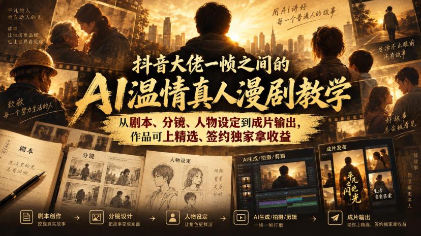 抖音大佬一帧之间的AI温情真人漫剧教学,从剧本、分镜、人物设定到成片输出,作品可上精选、签约独家拿收益