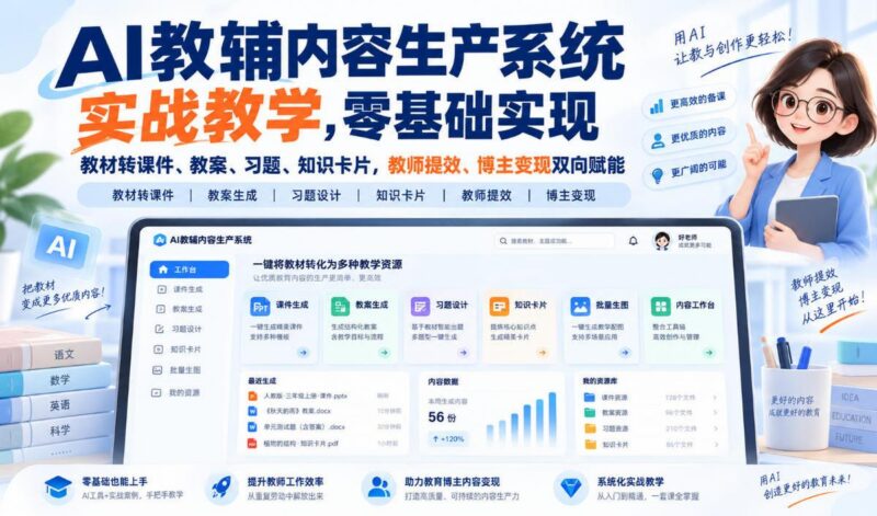 AI教辅内容生产系统实战教学,零基础实现教材转课件、教案、习题、知识卡片,教师提效、博主变现双向赋能-三零资源