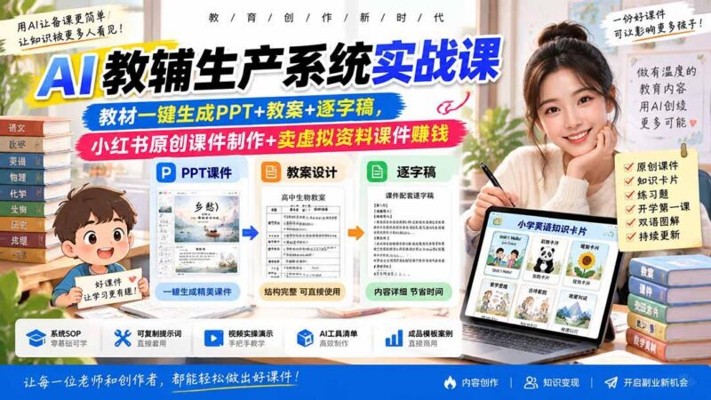 AI教辅生产系统实战课｜教材一键生成PPT+教案+逐字稿，小红书原创课件制作+卖虚拟资料课件赚钱 三零资源-三零资源