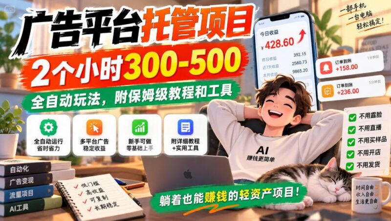 广告平台托管项目,2个小时300-500,全自动玩法,附保姆级教程和工具,小白照着就能做【揭秘】 三零资源-三零资源