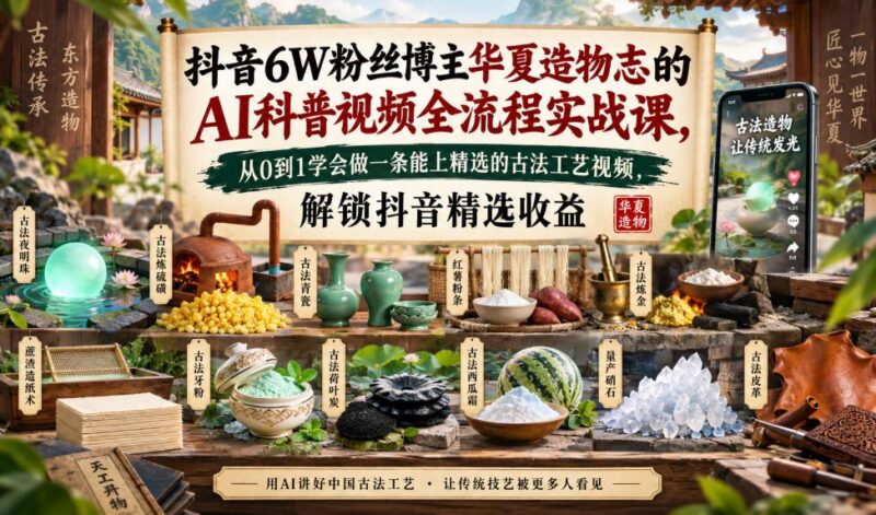 抖音6W粉丝博主华夏造物志的AI科普视频全流程实战课,从0到1学会做一条能上精选的古法工艺视频,解锁抖音精选收益 三零资源-三零资源