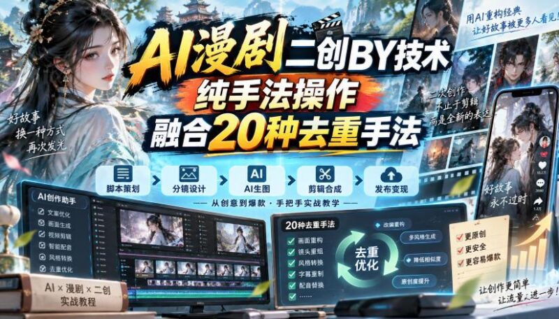 AI漫剧二创搬运技术，纯手法操作，融合20种去重手法 三零资源-三零资源