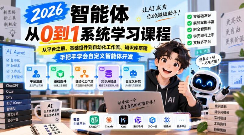 2026智能体从0到1系统学习课程,从平台注册、基础组件到自动化工作流、知识库搭建,手把手学会自定义智能体开发 三零资源-三零资源
