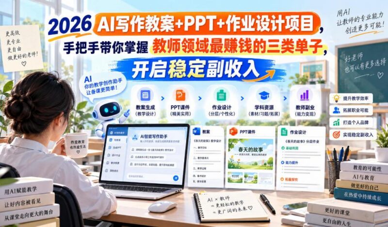 2026 AI写作教案+PPT+作业设计项目,手把手带你掌握教师领域最賺钱的三类单子,开启稳定副收入-三零资源