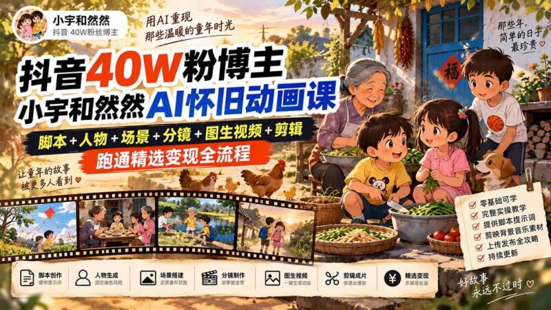 抖音40W粉博主小宇和然然AI怀旧动画课｜脚本+人物+场景+分镜+图生视频+剪辑，跑通精选变现全流程 三零资源-三零资源