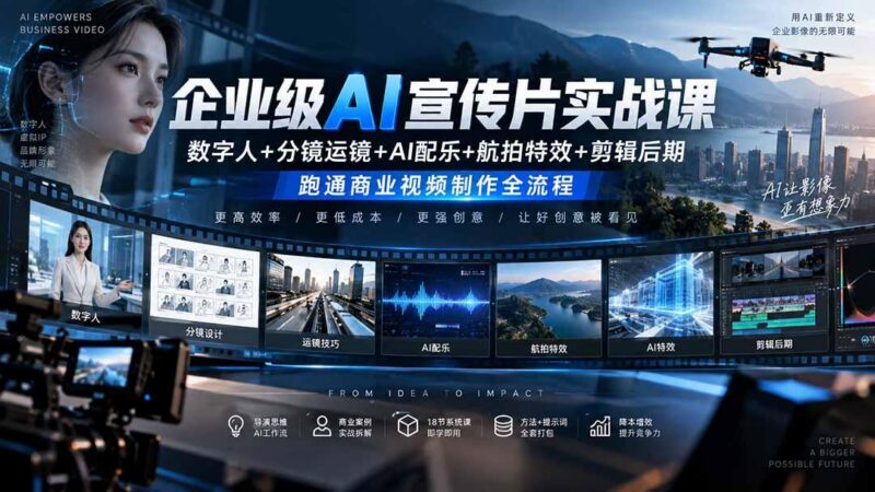 企业级AI宣传片实战课|数字人+分镜运镜+AI配乐+航拍特效+剪辑后期,跑通商业视频制作全流程 三零资源-三零资源