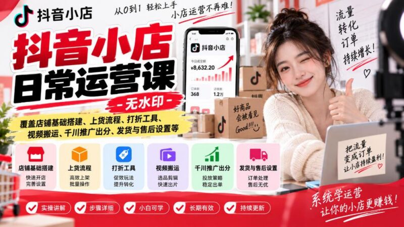 抖音小店日常运营课-无水印,覆盖店铺基础搭建、上货流程、打折工具、视频搬运、千川推广出分、发货与售后设置等 三零资源-三零资源