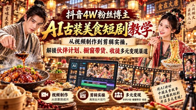 抖音4W粉丝博主AI古装美食短剧教学，从视频制作到剪辑实操，解锁伙伴计划、橱窗带货、收徒多元变现渠道 三零资源-三零资源